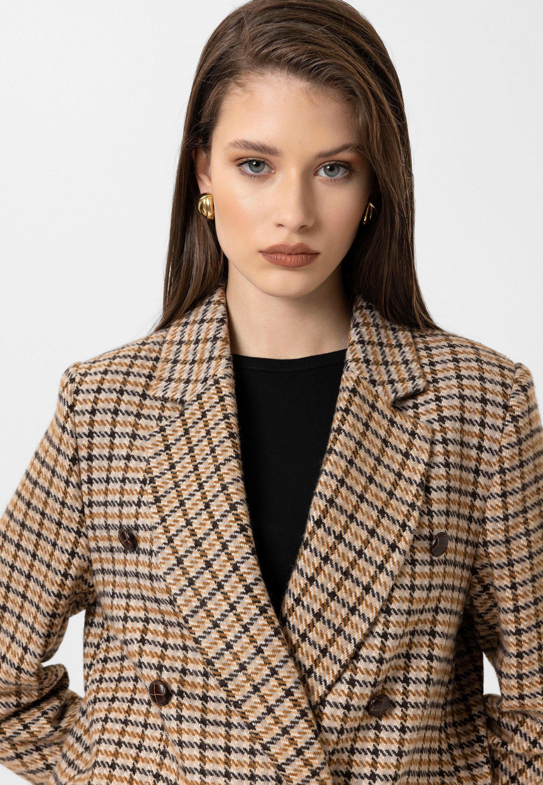 Antioch Taba Kadın Kazayağı Desenli Blazer Ceket