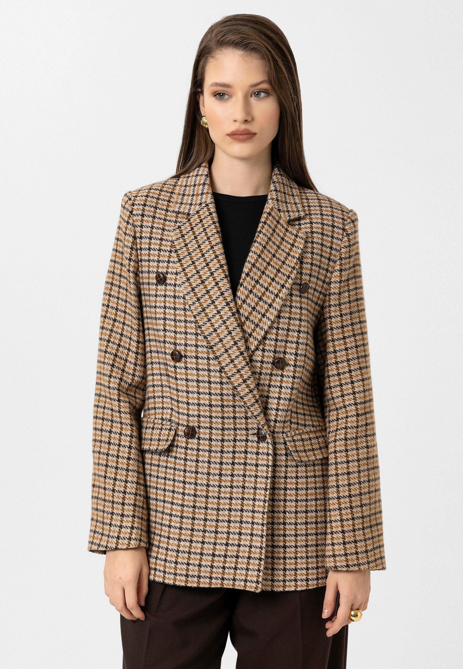 Antioch Taba Kadın Kazayağı Desenli Blazer Ceket