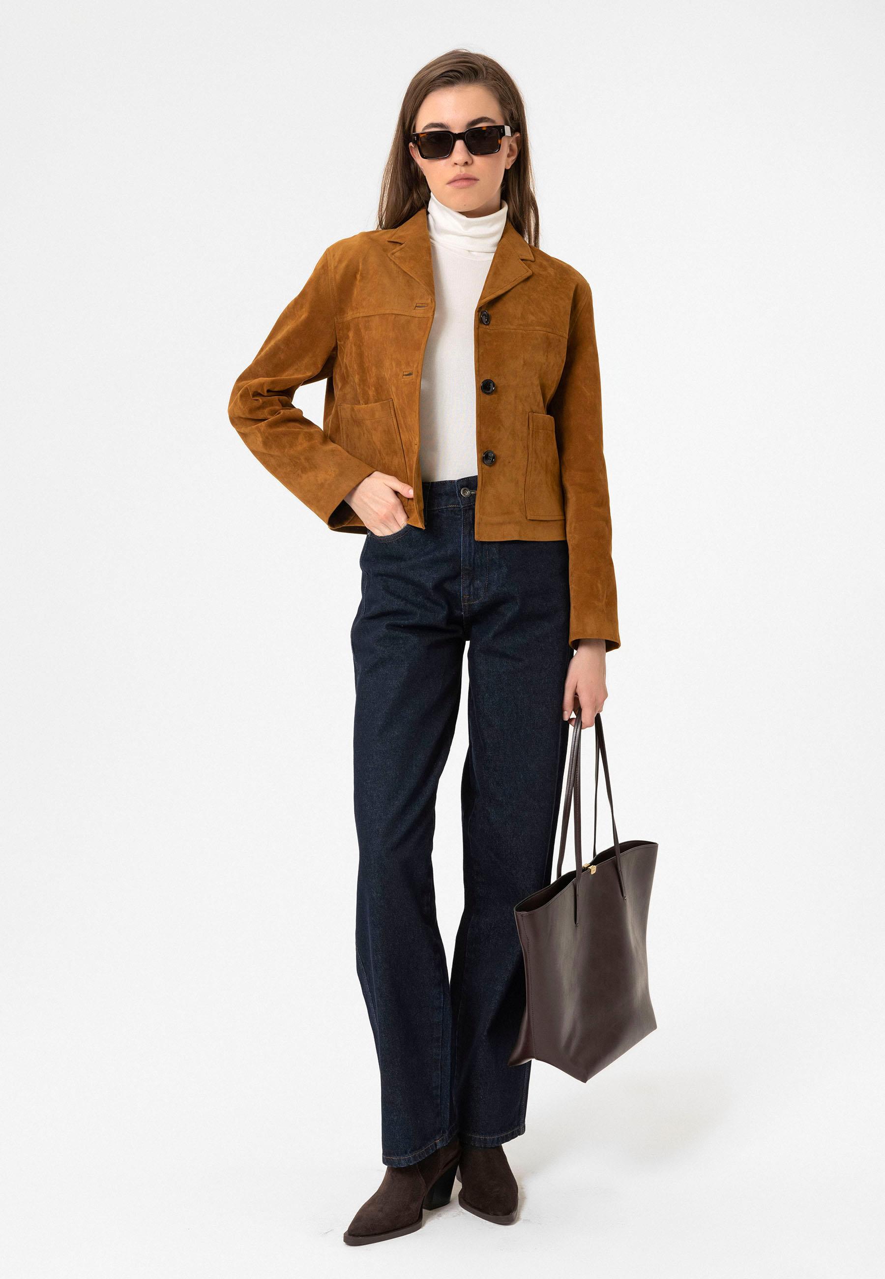 Antioch Taba Kadın Suni Süet Crop Ceket