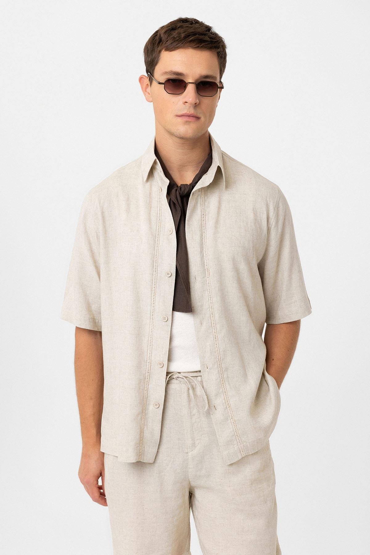 Antioch Taş Keten Karışımlı Relaxed Erkek Gömlek