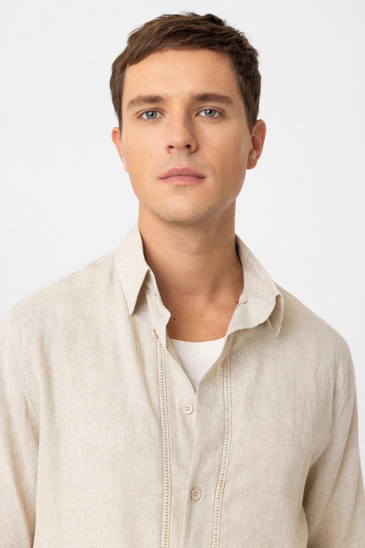 Antioch Taş Keten Karışımlı Relaxed Erkek Gömlek