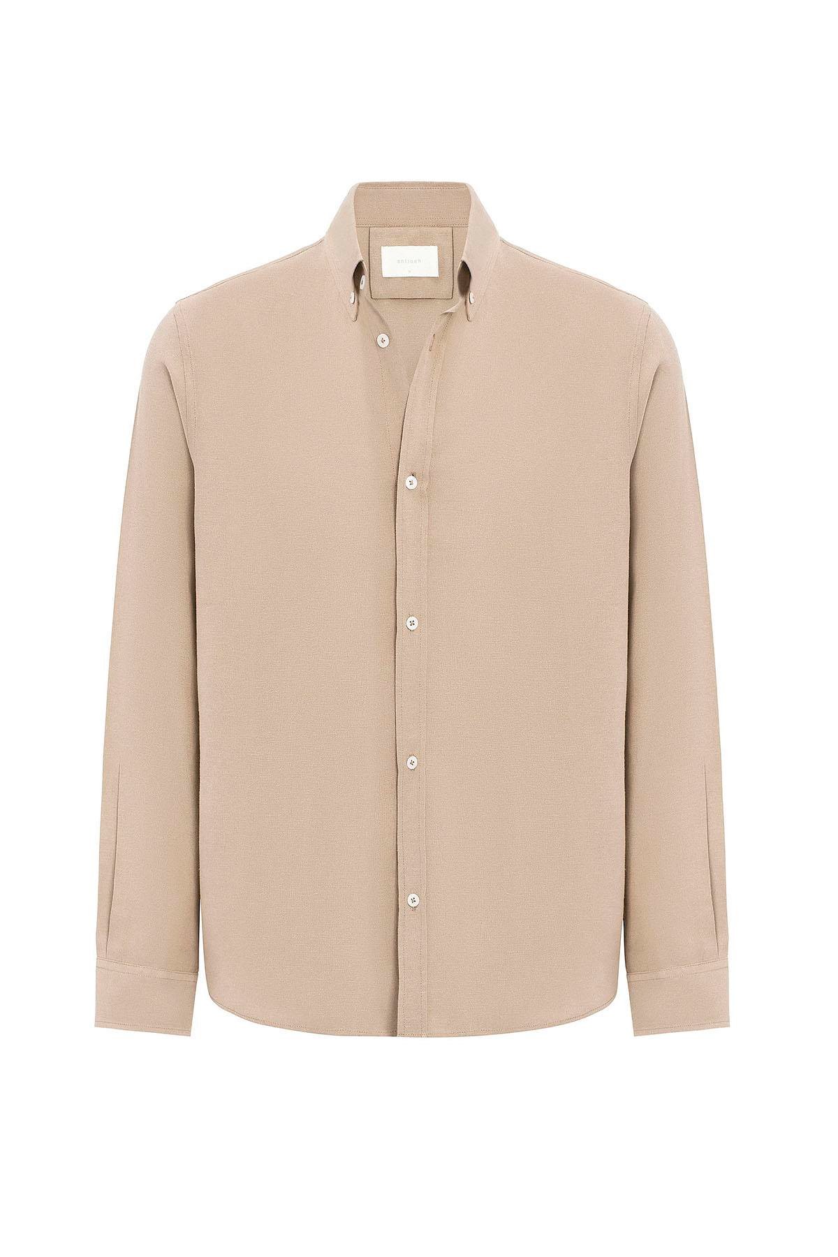 Antioch Taş Keten Karışımlı Yaka Düğmeli Erkek Gömlek