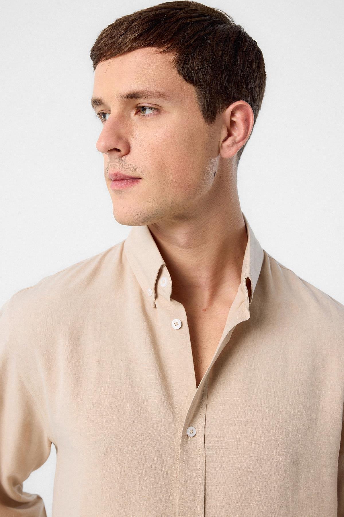 Antioch Taş Keten Karışımlı Yaka Düğmeli Erkek Gömlek