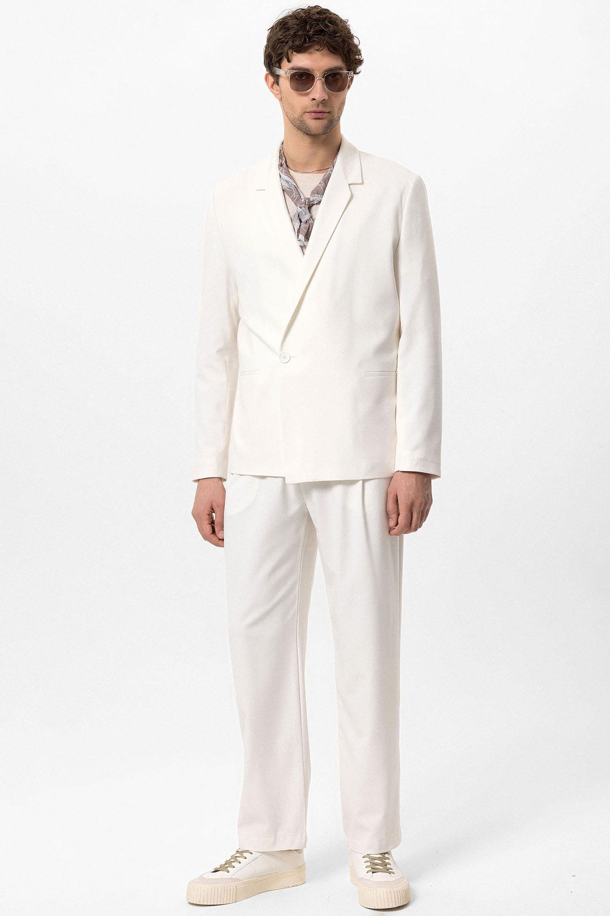 Antioch Ekru Tek Düğme Kruvaze Kapama Erkek Blazer Ceket