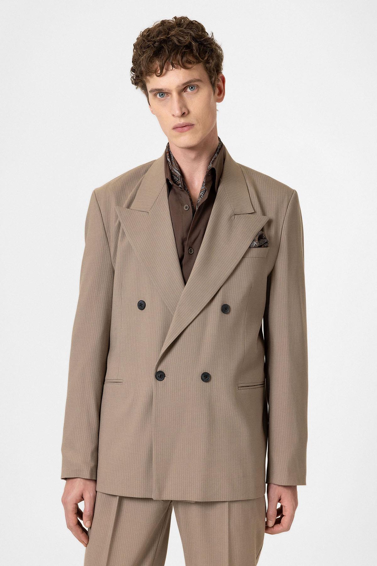 Antioch Vizon Rahat Kruvaze Çizgili Erkek Blazer Ceket