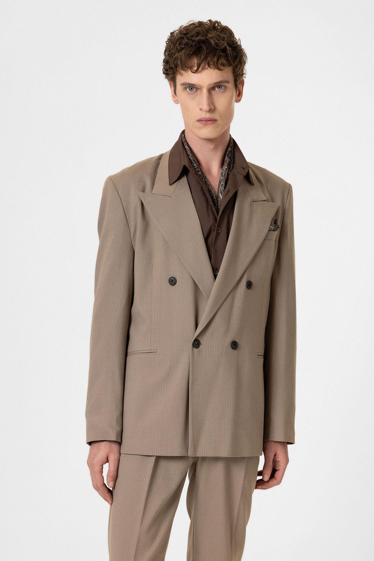 Antioch Vizon Rahat Kruvaze Çizgili Erkek Blazer Ceket