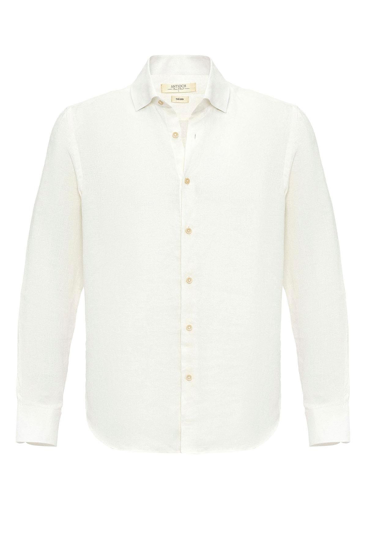 Antioch Beyaz Yaka Düğme Detaylı %100 Keten Erkek Gömlek