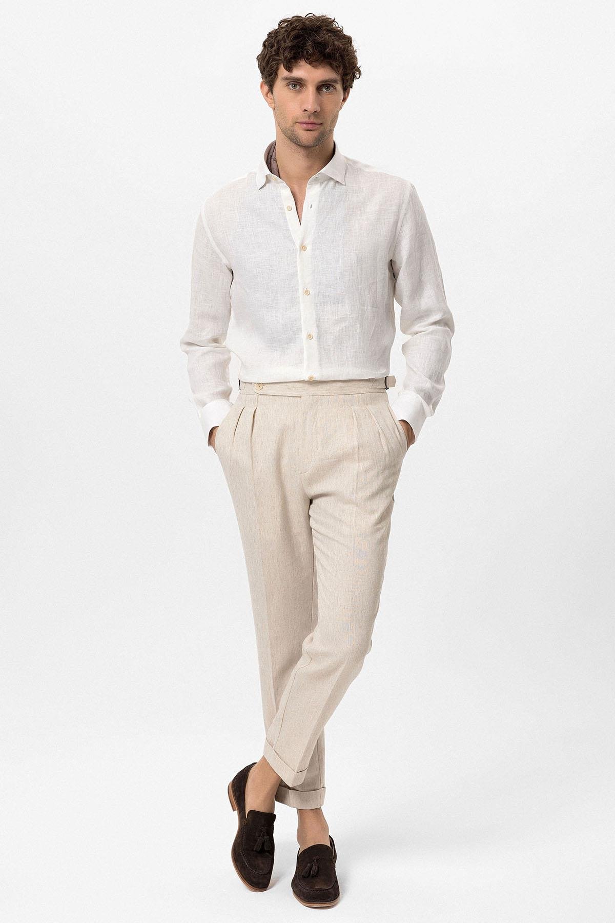 Antioch Beyaz Yaka Düğme Detaylı %100 Keten Erkek Gömlek