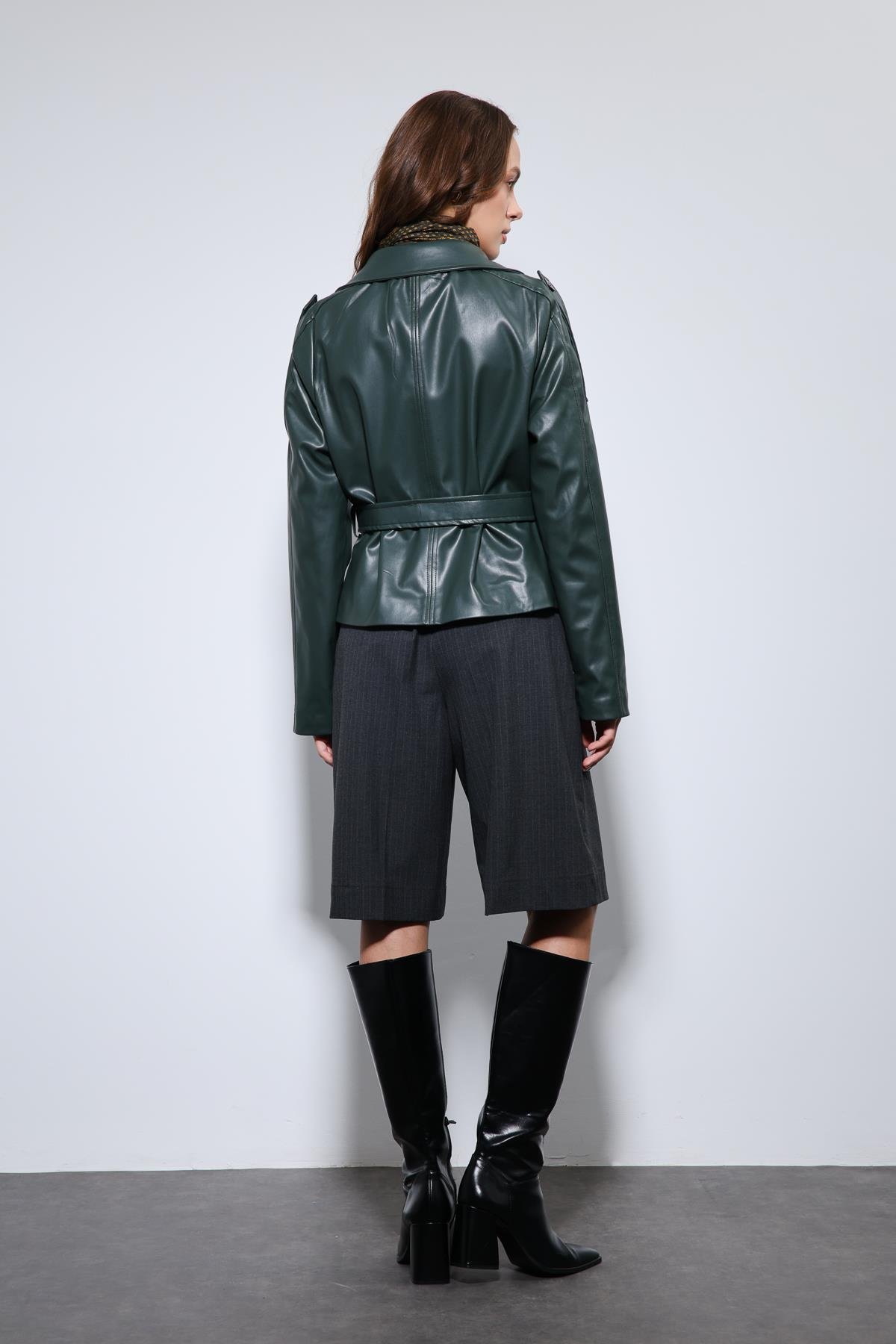 Antioch Yeşil Kemerli Suni Deri Mont