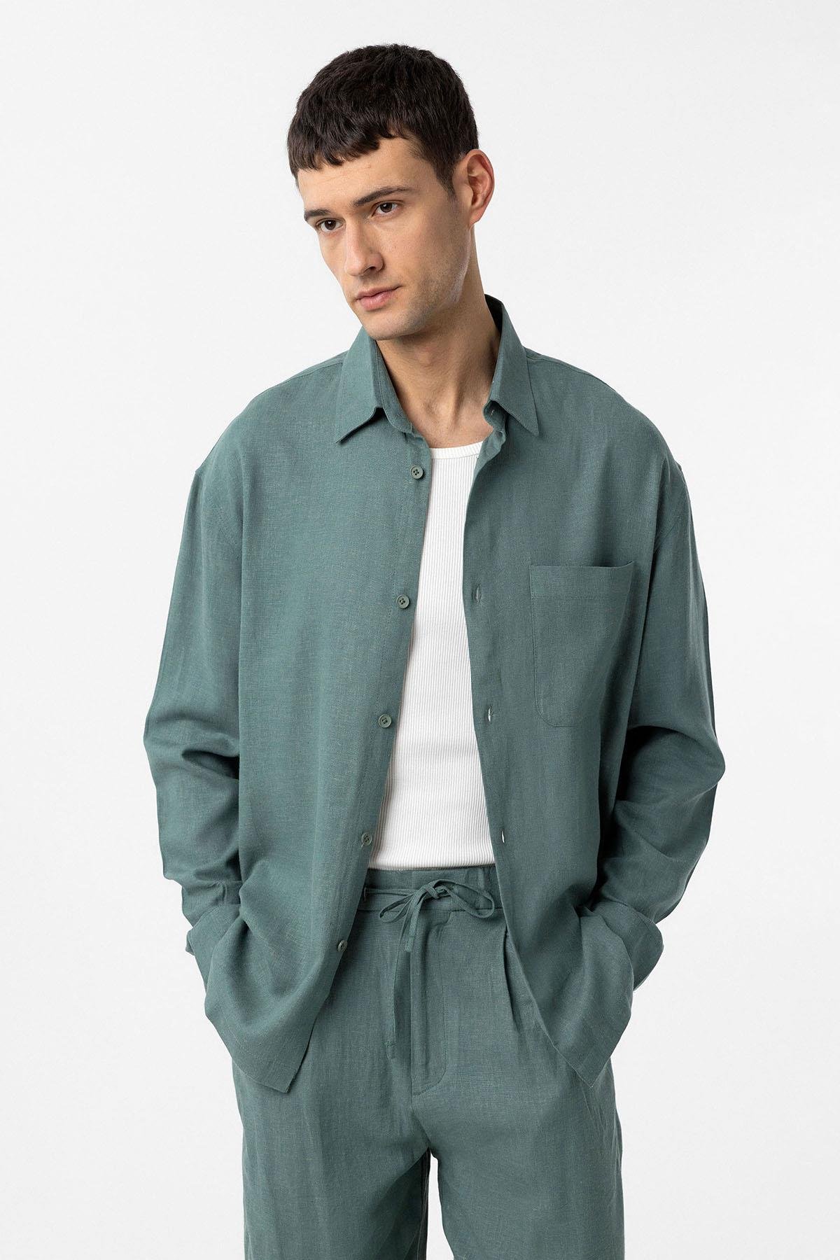Antioch Yeşil Keten Karışımlı Relax Fit Erkek Gömlek