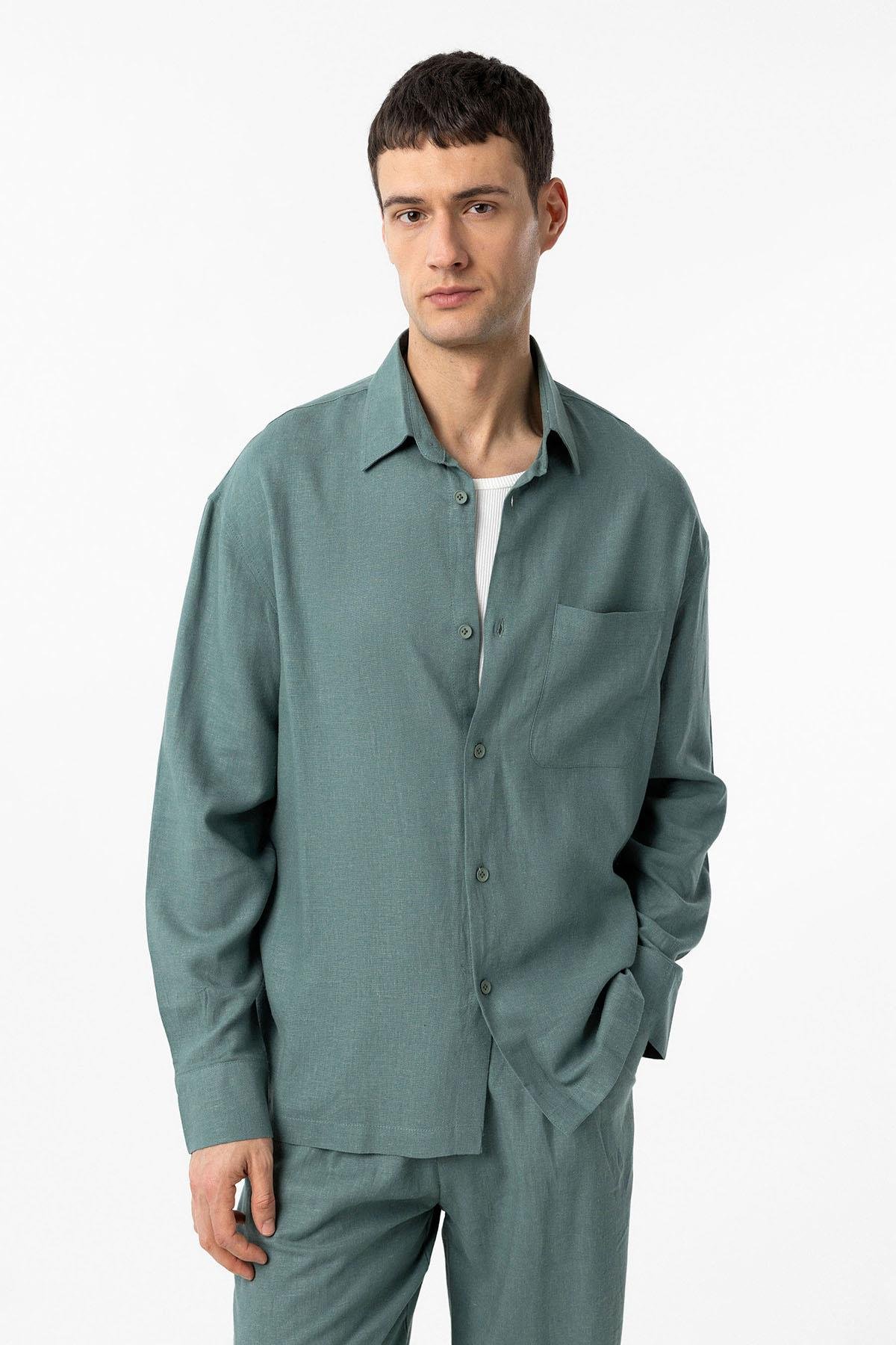 Antioch Yeşil Keten Karışımlı Relax Fit Erkek Gömlek