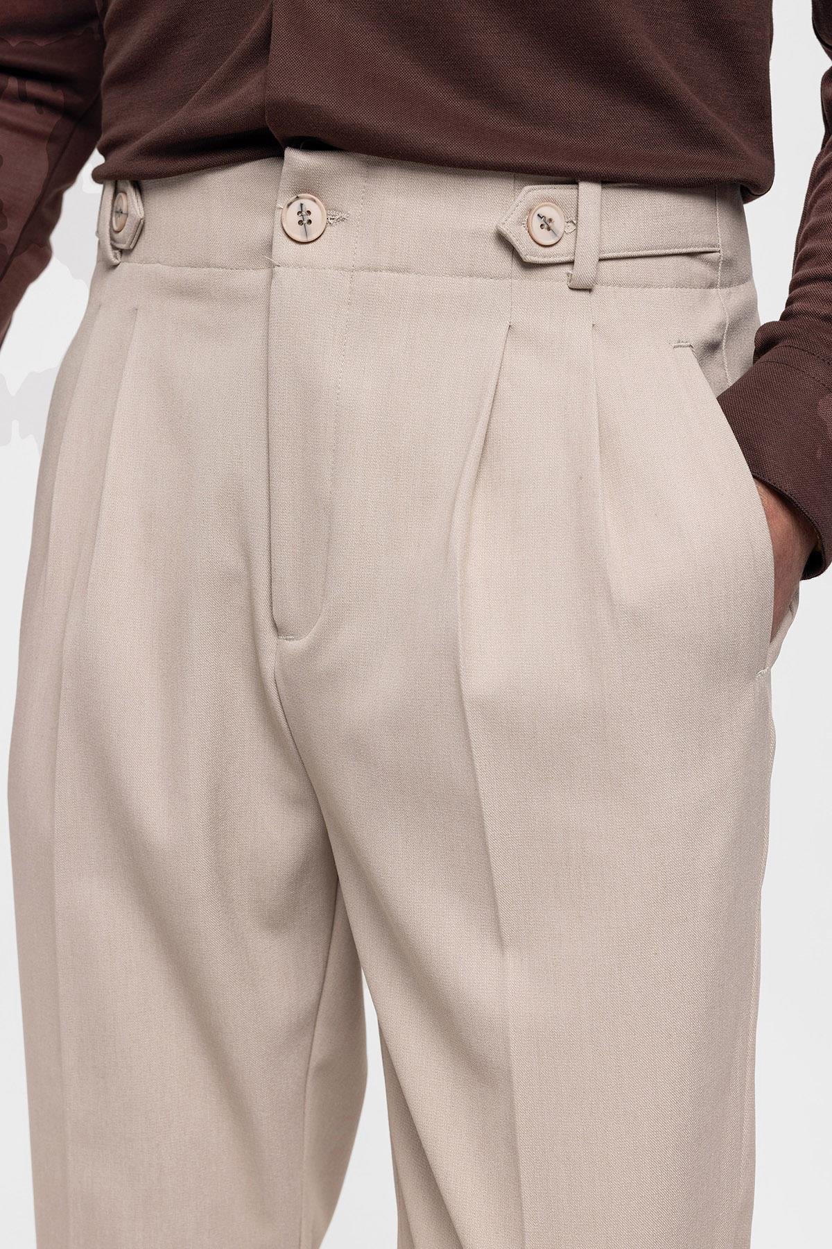 Antioch Koyu Bej Yüksek Bel (Boyfriend) Pileli Kumaş Pantolon