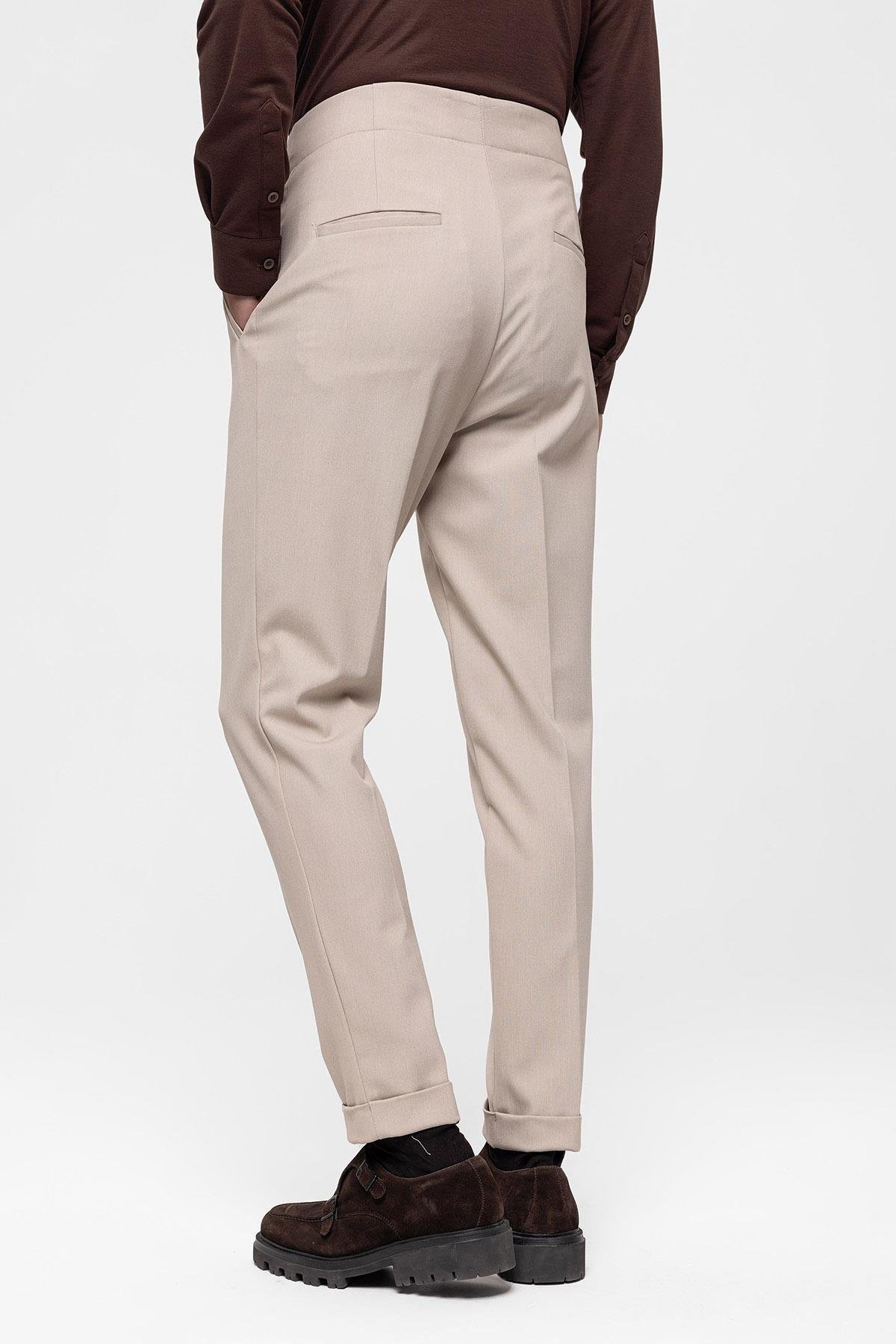 Antioch Koyu Bej Yüksek Bel (Boyfriend) Pileli Kumaş Pantolon