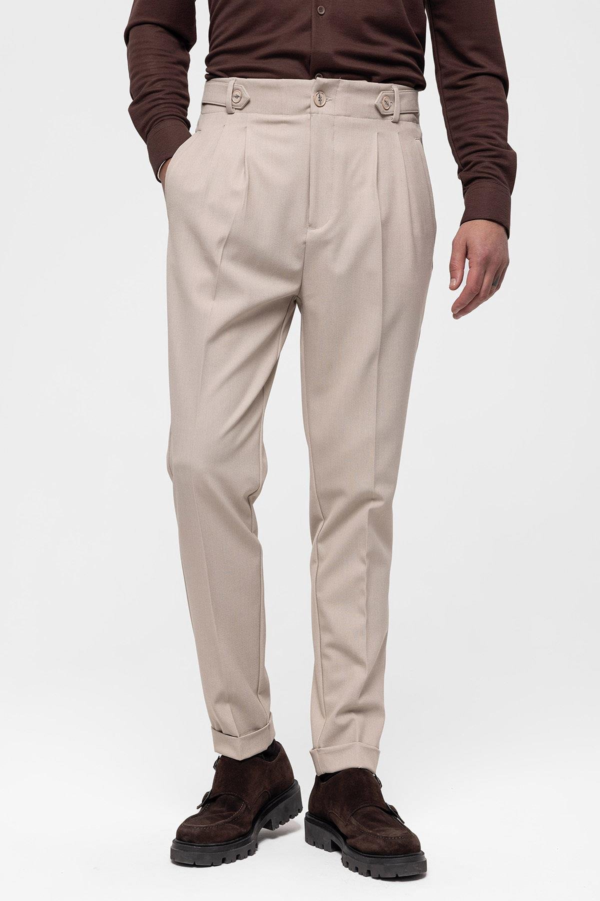 Antioch Koyu Bej Yüksek Bel (Boyfriend) Pileli Kumaş Pantolon