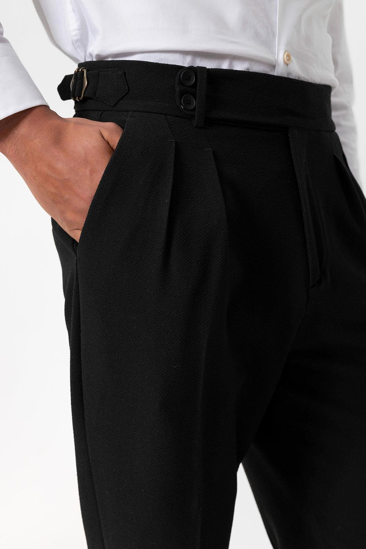 Antioch Siyah Yüksek Bel Pileli Dokulu Erkek Pantolon