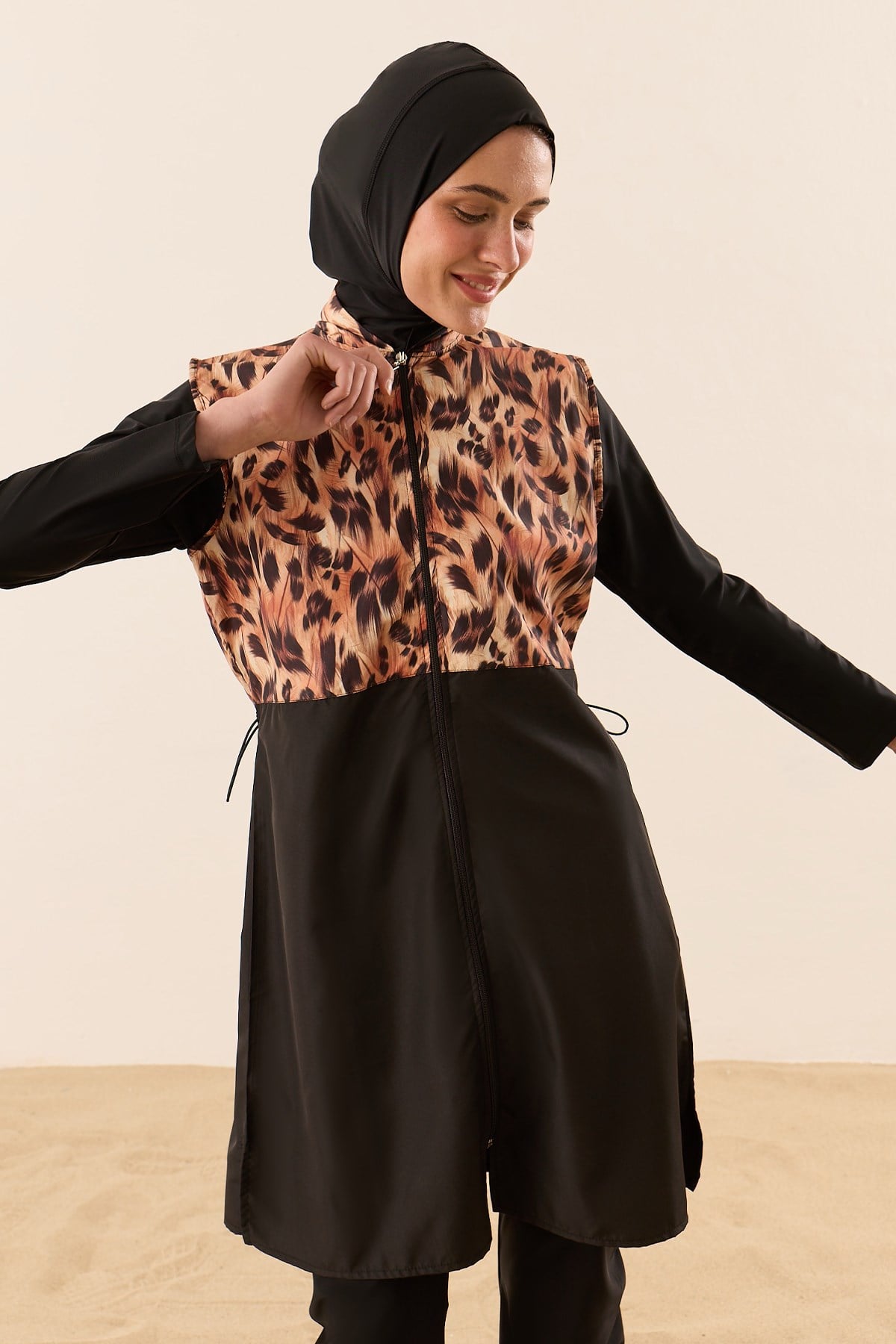 Rüya 4 Parça Leopar Desenli Siyah Kadın Tam Kapalı Tesettür Mayo