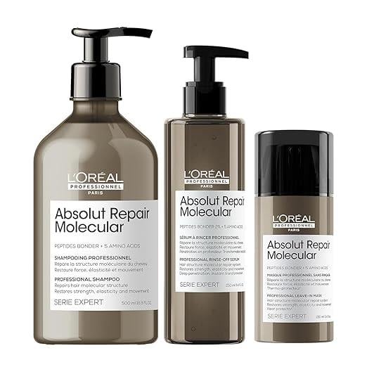 L'Oréal Professionnel Absolut Repair Moleküler Saç Bakım Seti - Sülfatsız Şampuan, Durulanan Serum ve Aşırı Kuru ve Hasarlı Saçlar İçin Durulanmayan Maske, Peptit Bağlayıcı ve Amino Asitler İçerir Çizgi Shop'da.