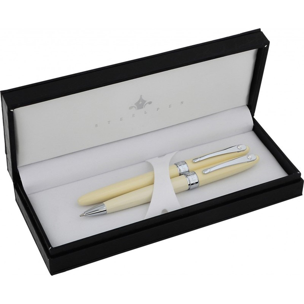 Steelpen Truva Serisi 2002 Beyaz TAŞLI Dolma Kalem +Tükenmez Kalem 
