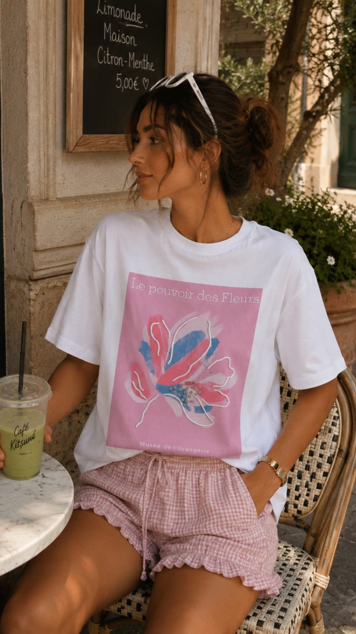 Beyaz Fleurs Tshirt- PEMBE