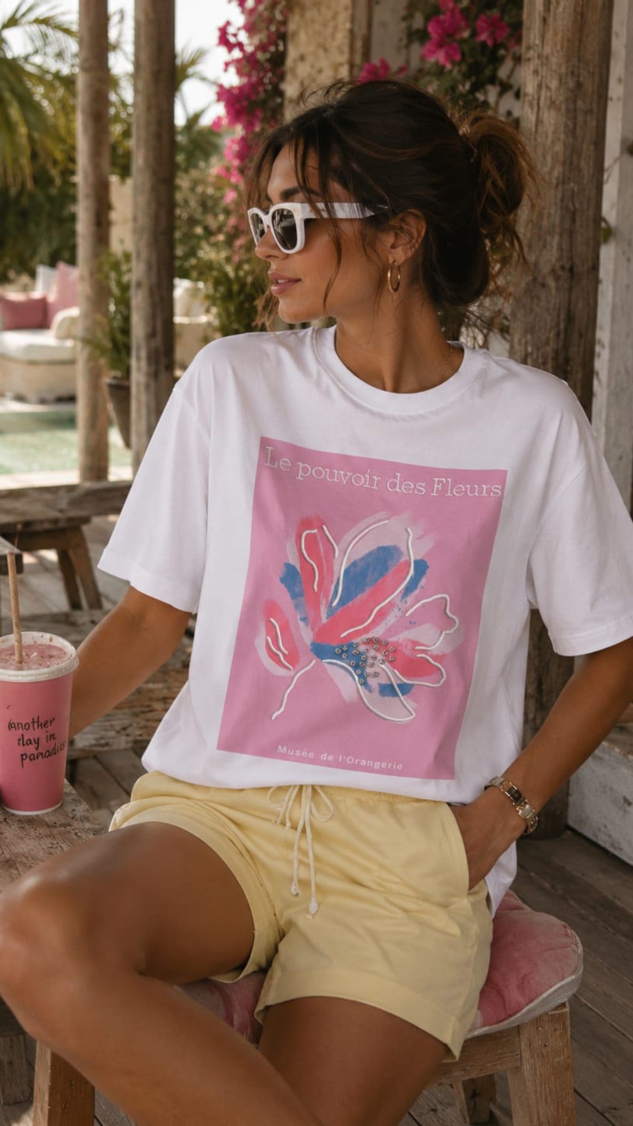 Beyaz Fleurs Tshirt- PEMBE