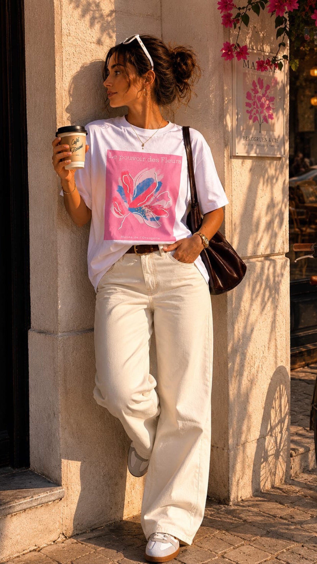 Beyaz Fleurs Tshirt- PEMBE