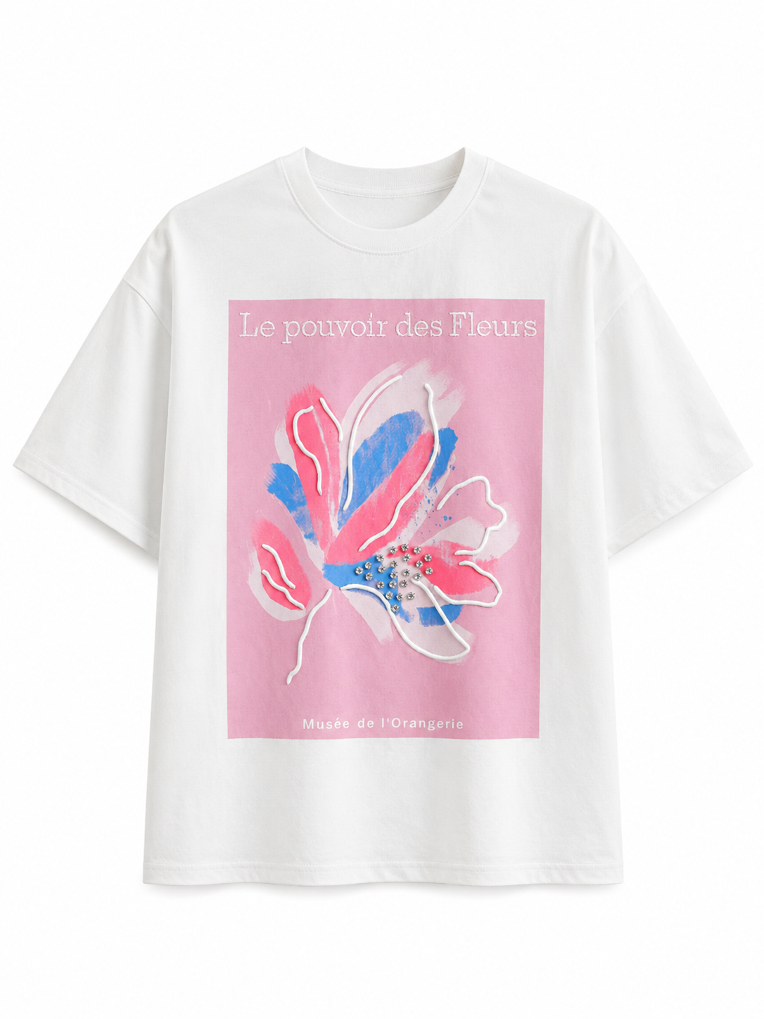 Beyaz Fleurs Tshirt- PEMBE