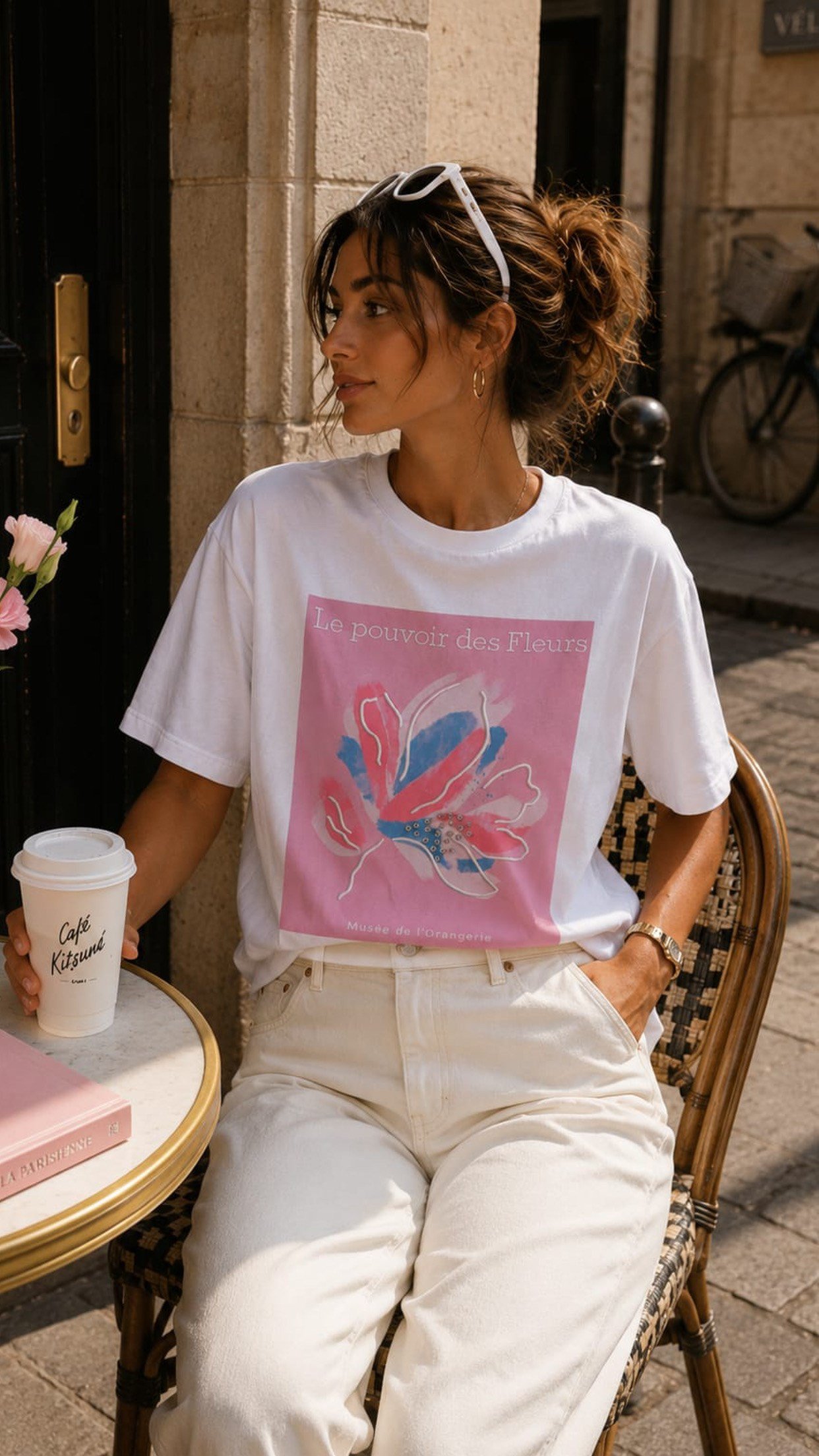 Beyaz Fleurs Tshirt- PEMBE