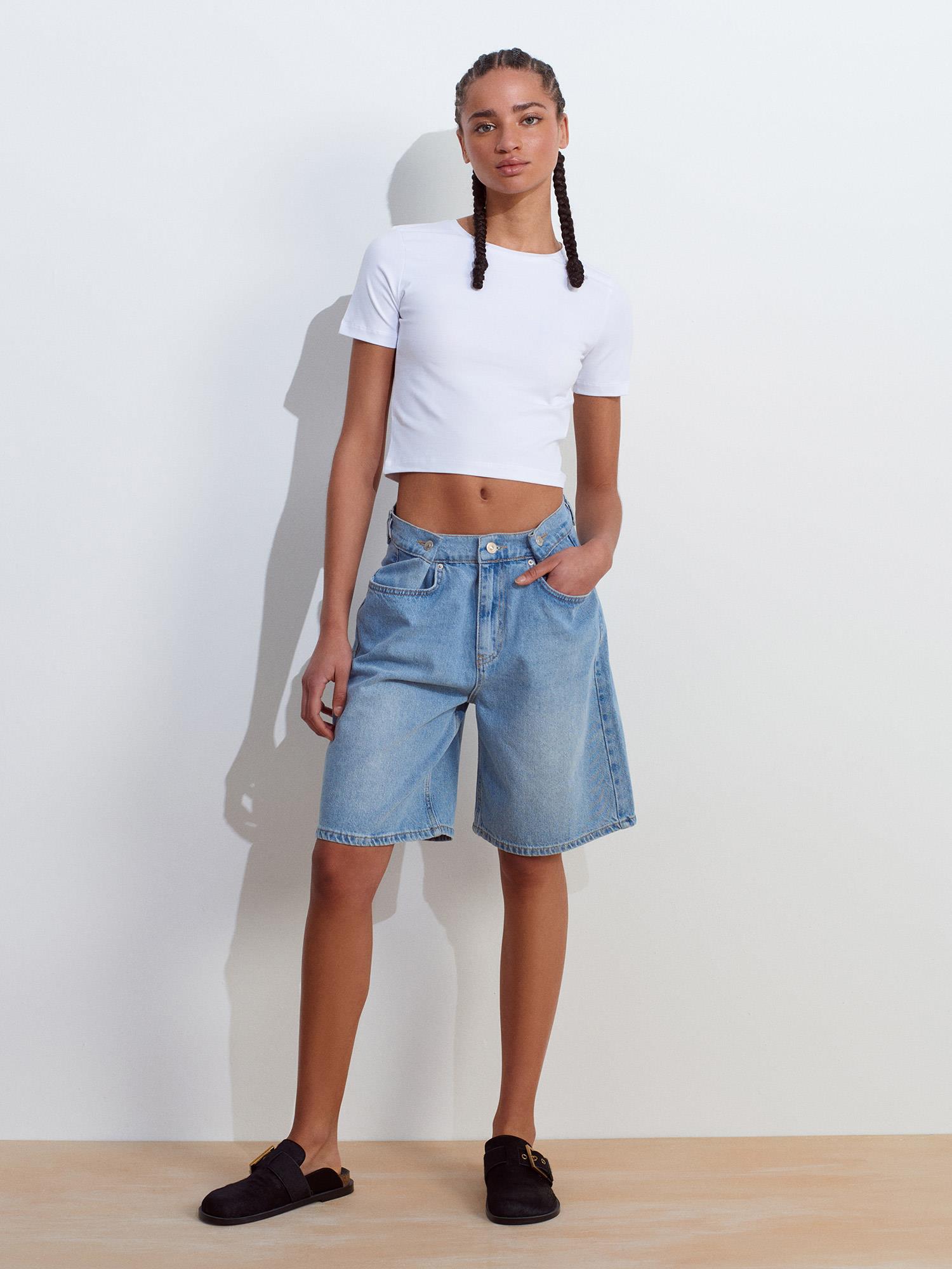Bisiklet Yaka Crop Top-Beyaz