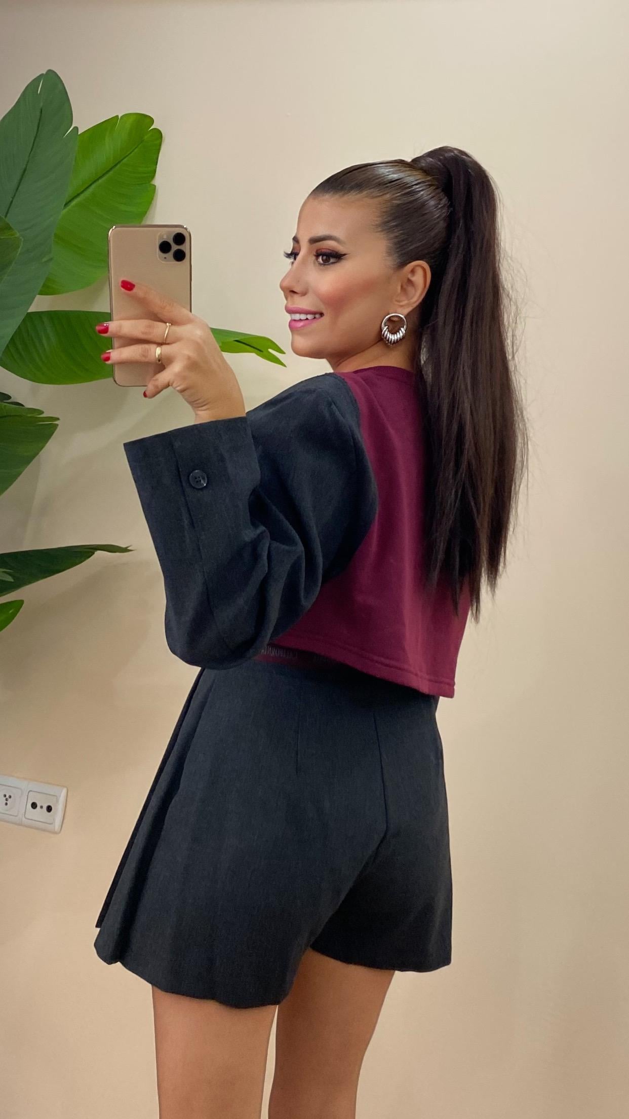 Blazer Garnili Vatkalı Crop Sweatshirt Bordo