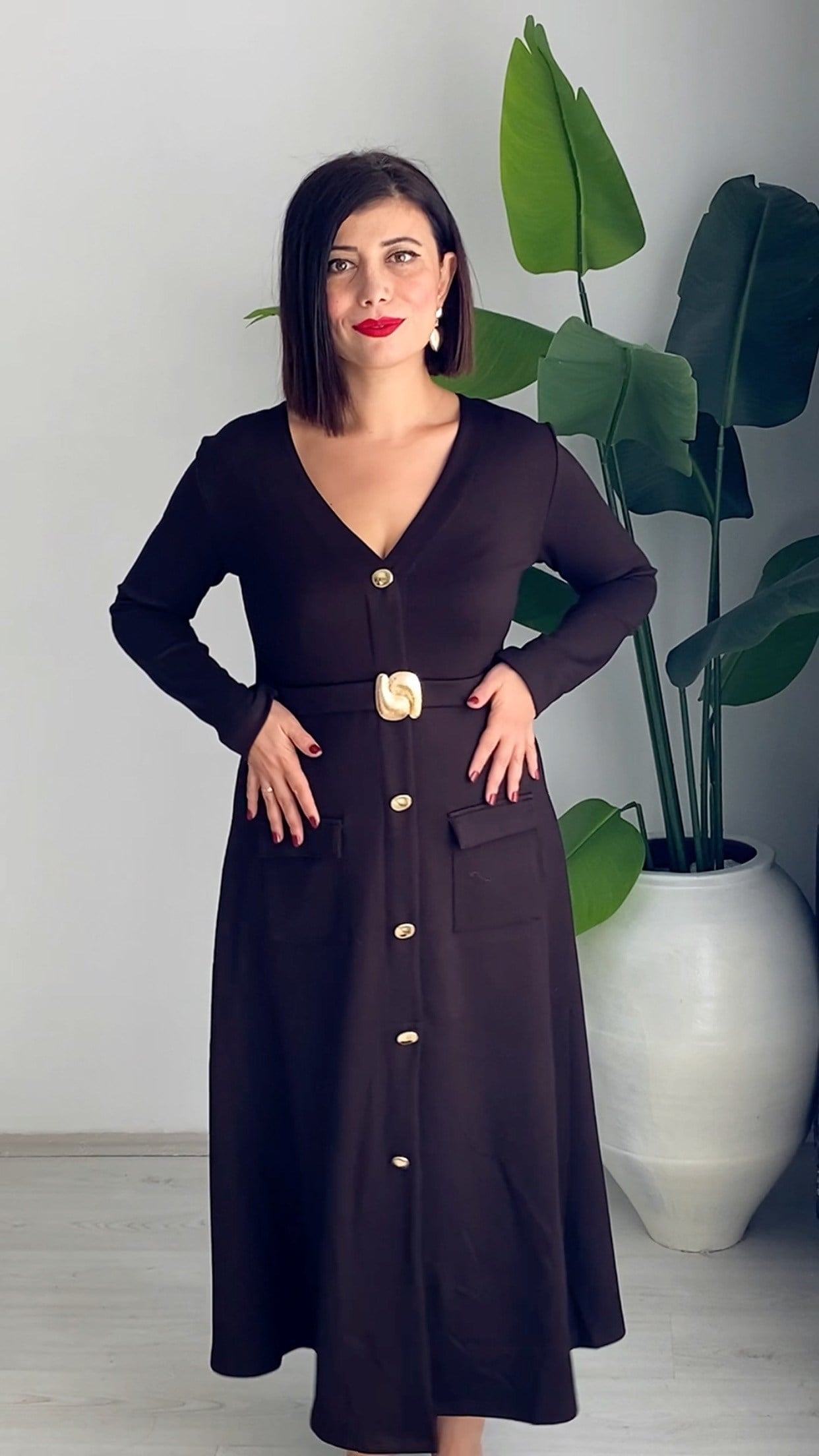 Kahve Gold Detaylı Midi Boy Elbise