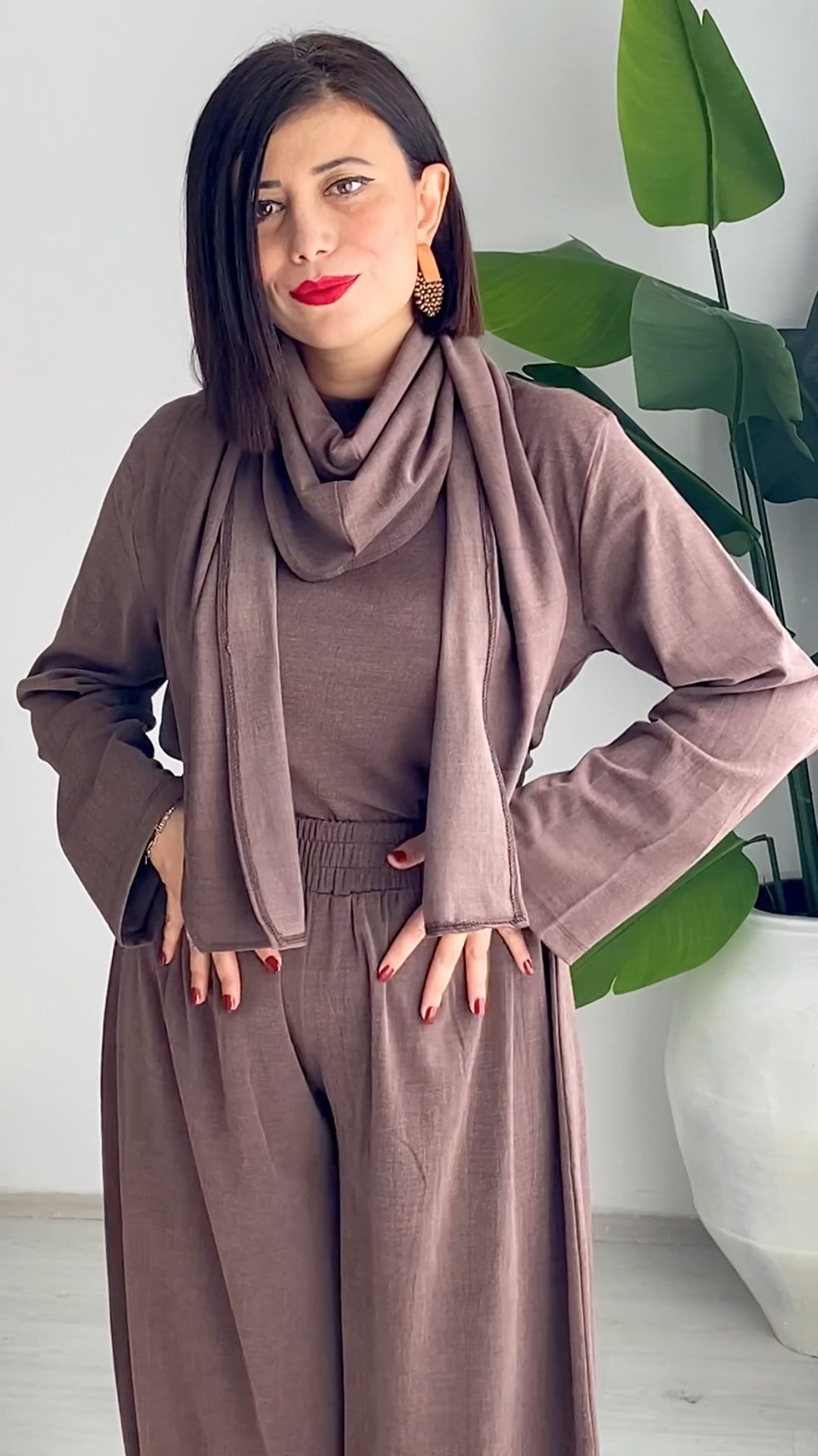Kahve İthal Cupra Tensel Kumaş Kuşak Detaylı Takım