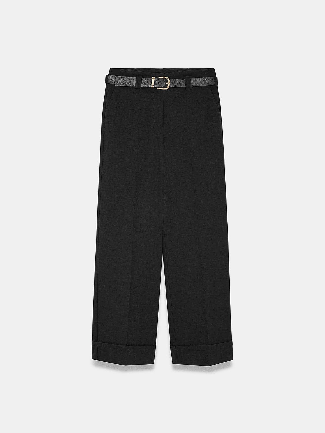 Kemerli Kıvrık Paça Pantolon-Siyah