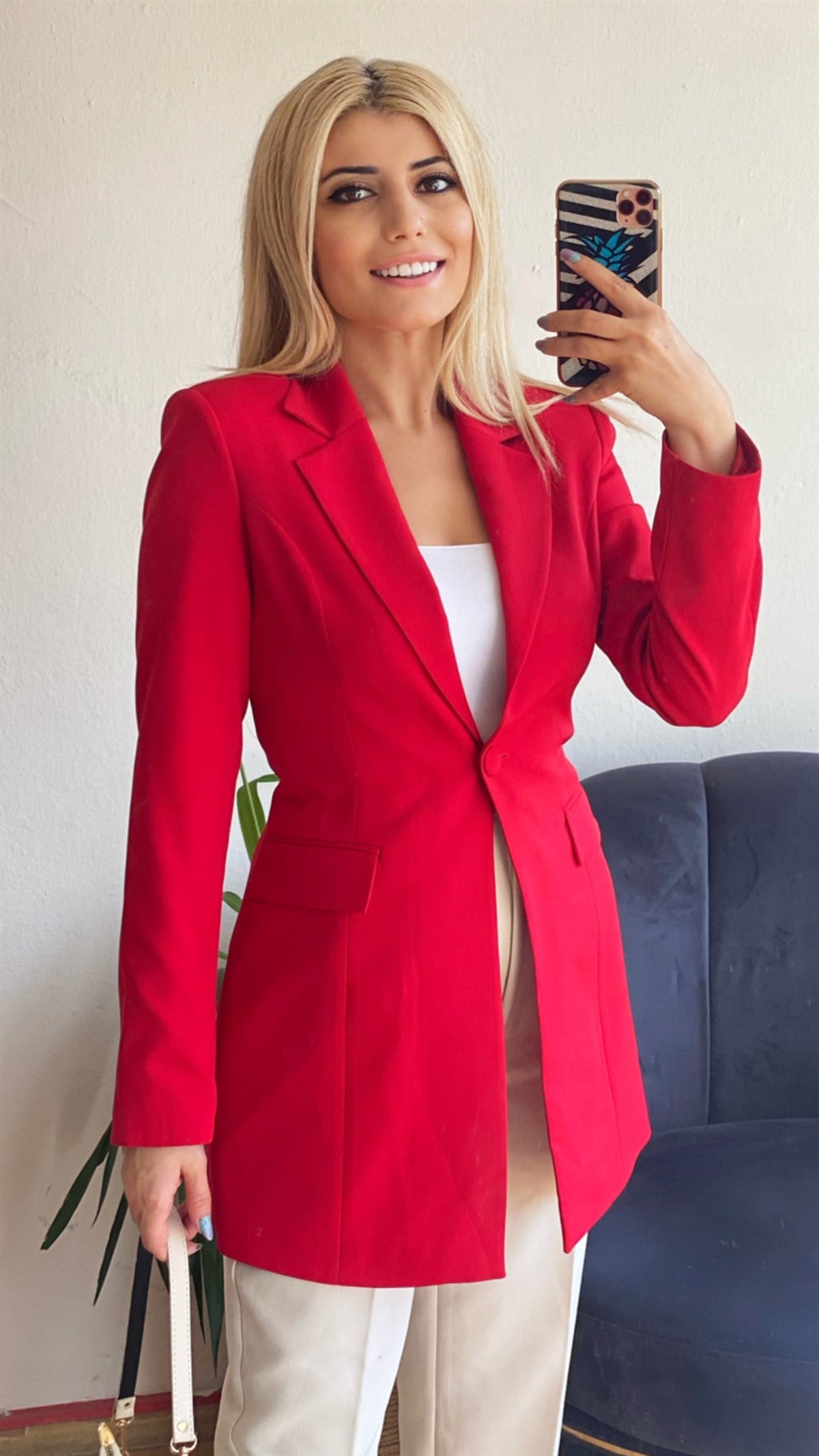 Kırmızı Belden Oturtmalı Astarlı Blazer Ceket