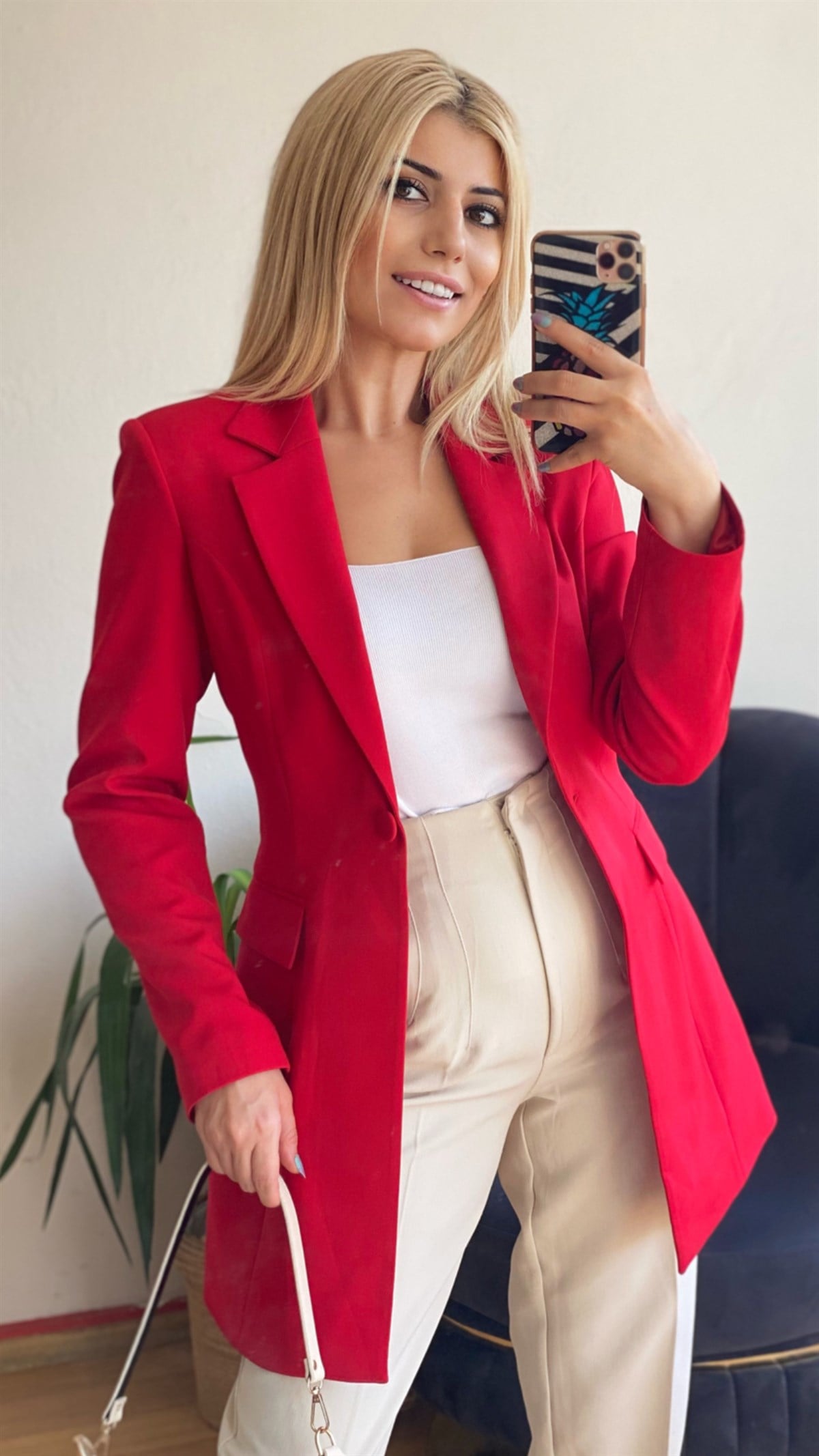 Kırmızı Belden Oturtmalı Astarlı Blazer Ceket