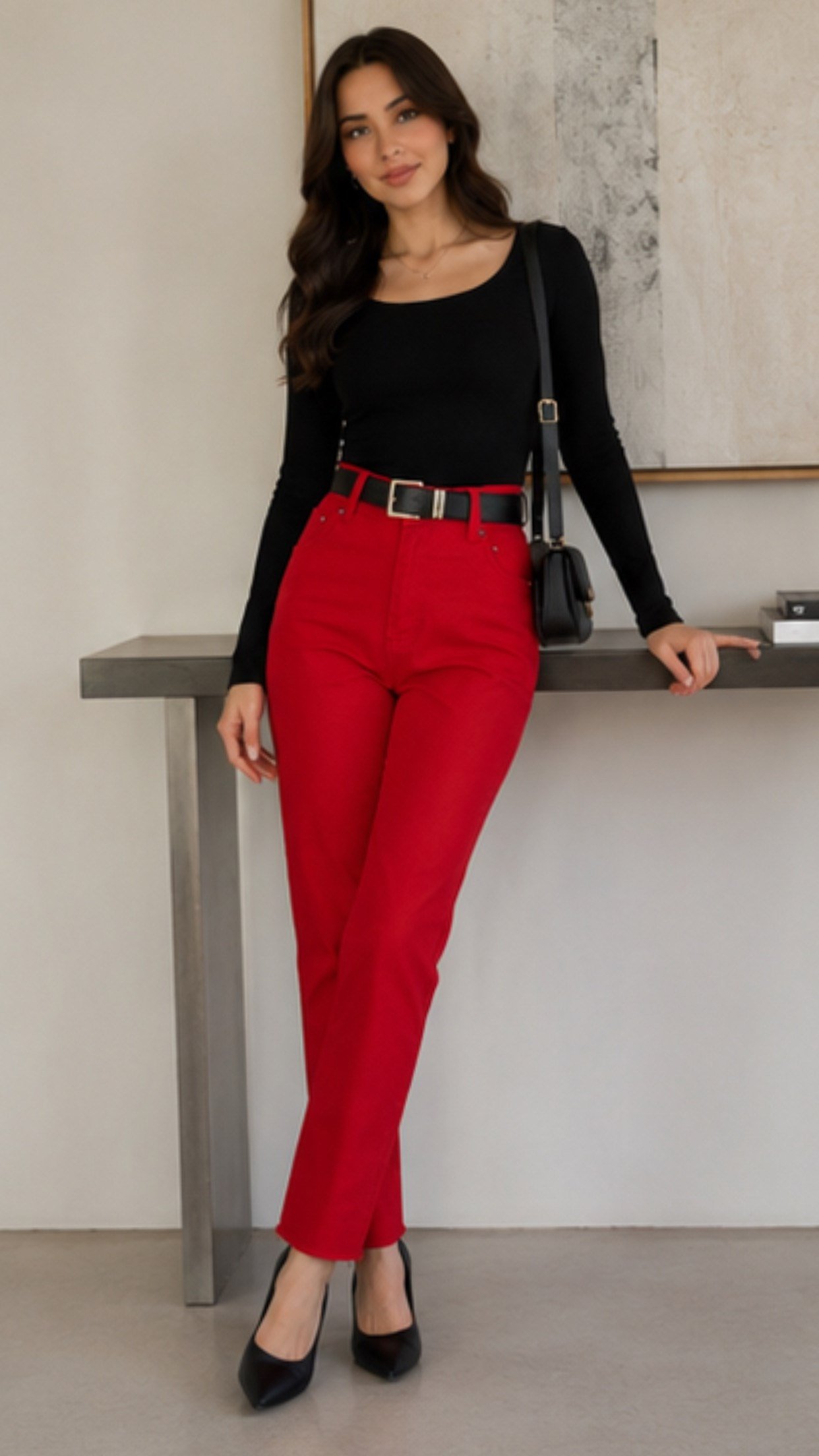 Kırmızı Kemerli Straight Paçası Kesik Jean