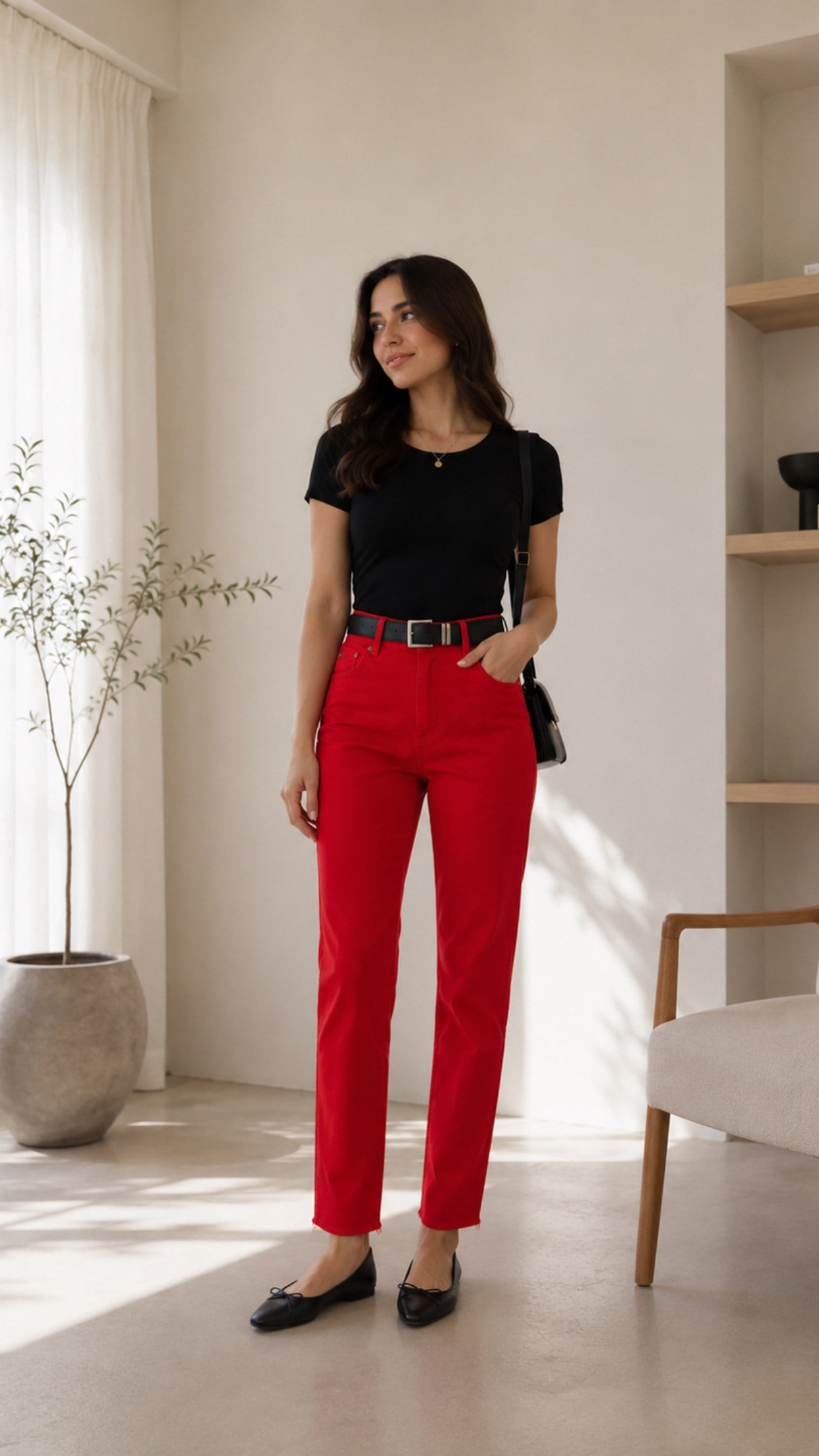 Kırmızı Kemerli Straight Paçası Kesik Jean