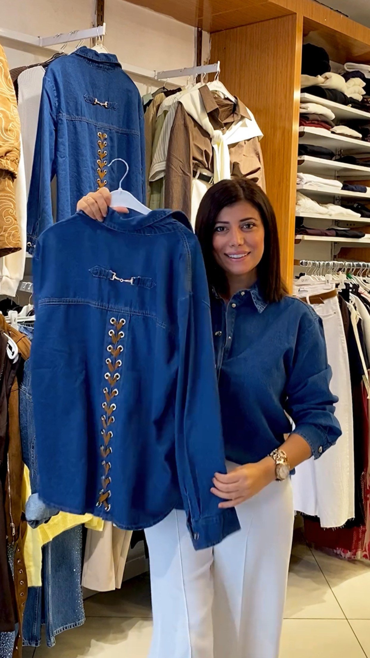 Kuş Göz Detaylı Tasarım Denim Gömlek