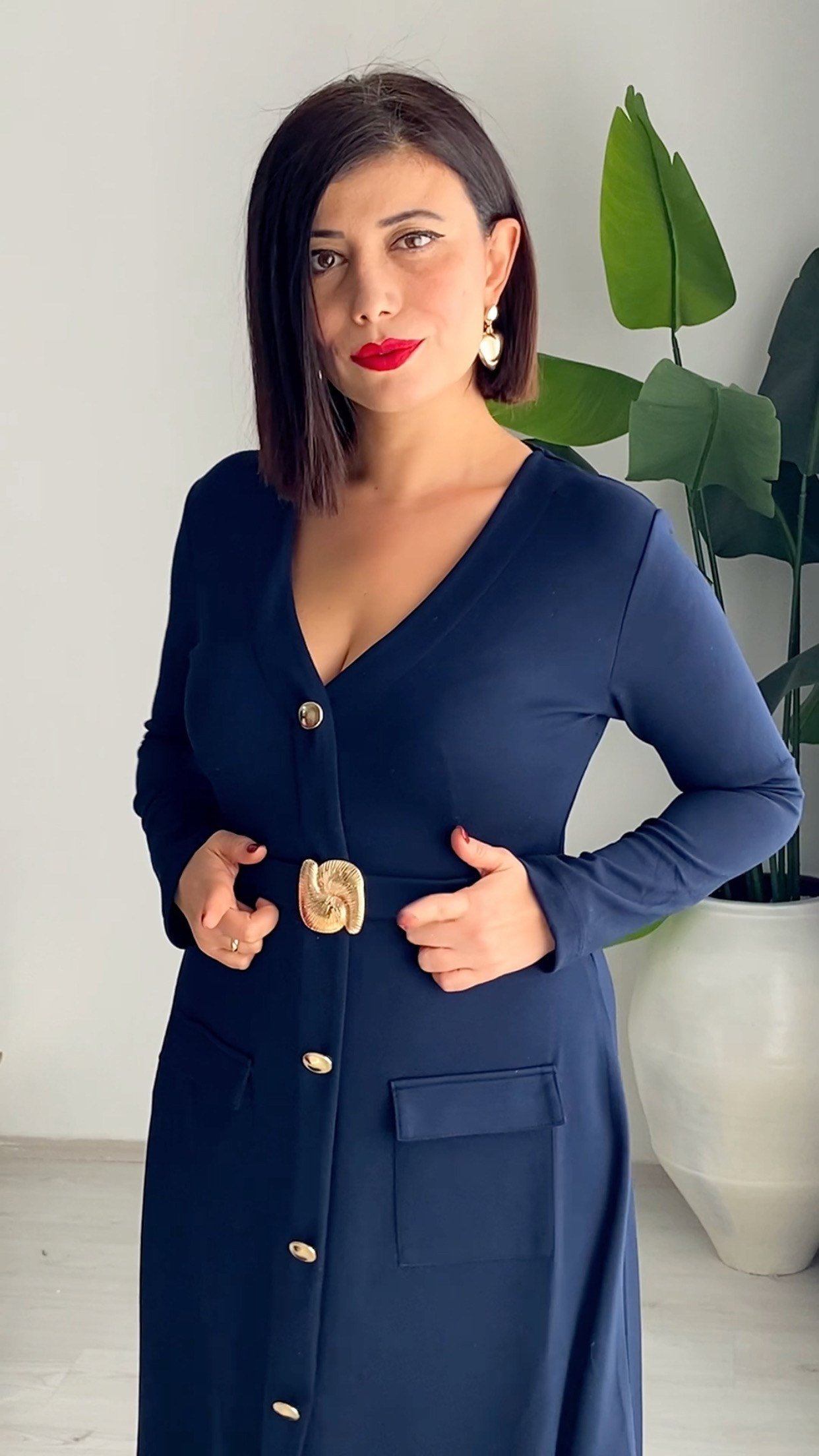 Lacivert Gold Detaylı Midi Boy Elbise