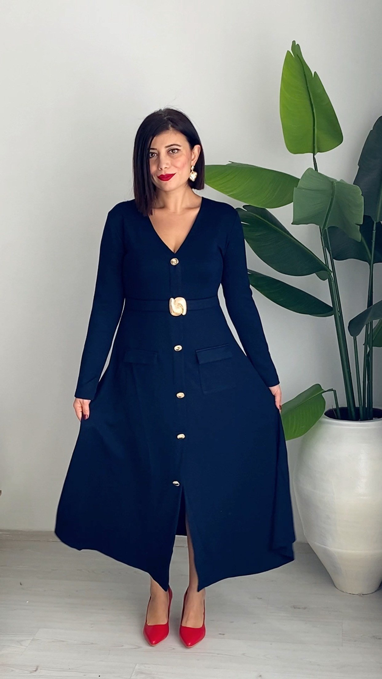 Lacivert Gold Detaylı Midi Boy Elbise