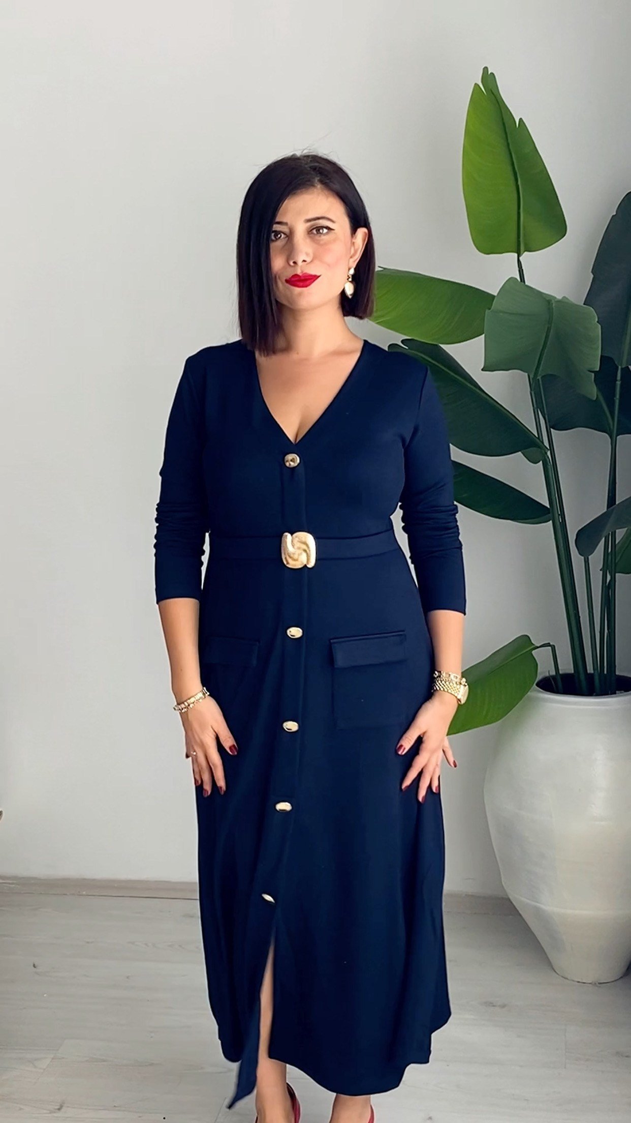 Lacivert Gold Detaylı Midi Boy Elbise