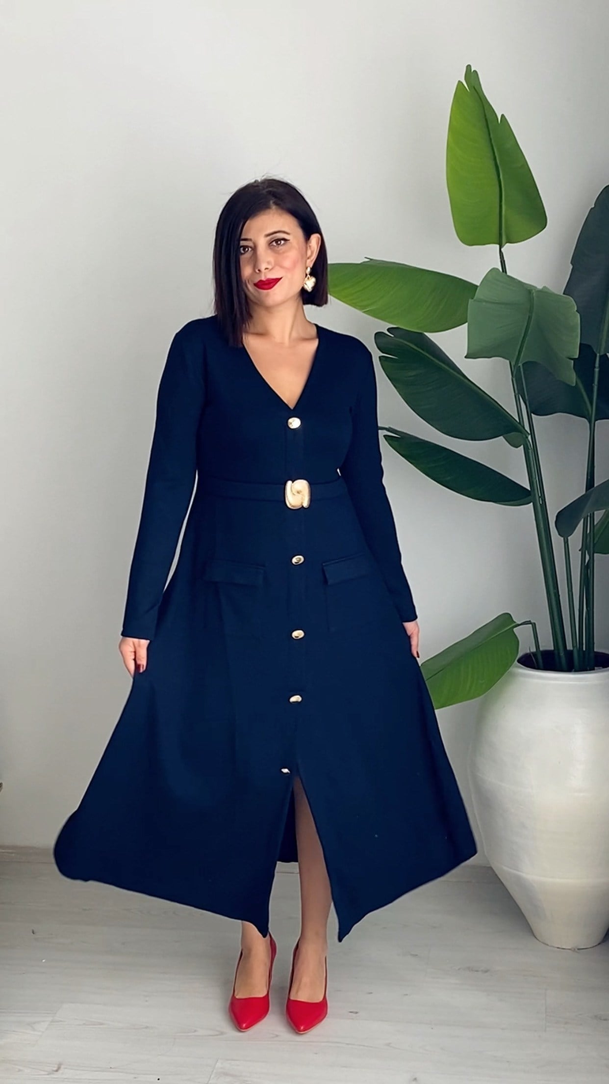 Lacivert Gold Detaylı Midi Boy Elbise