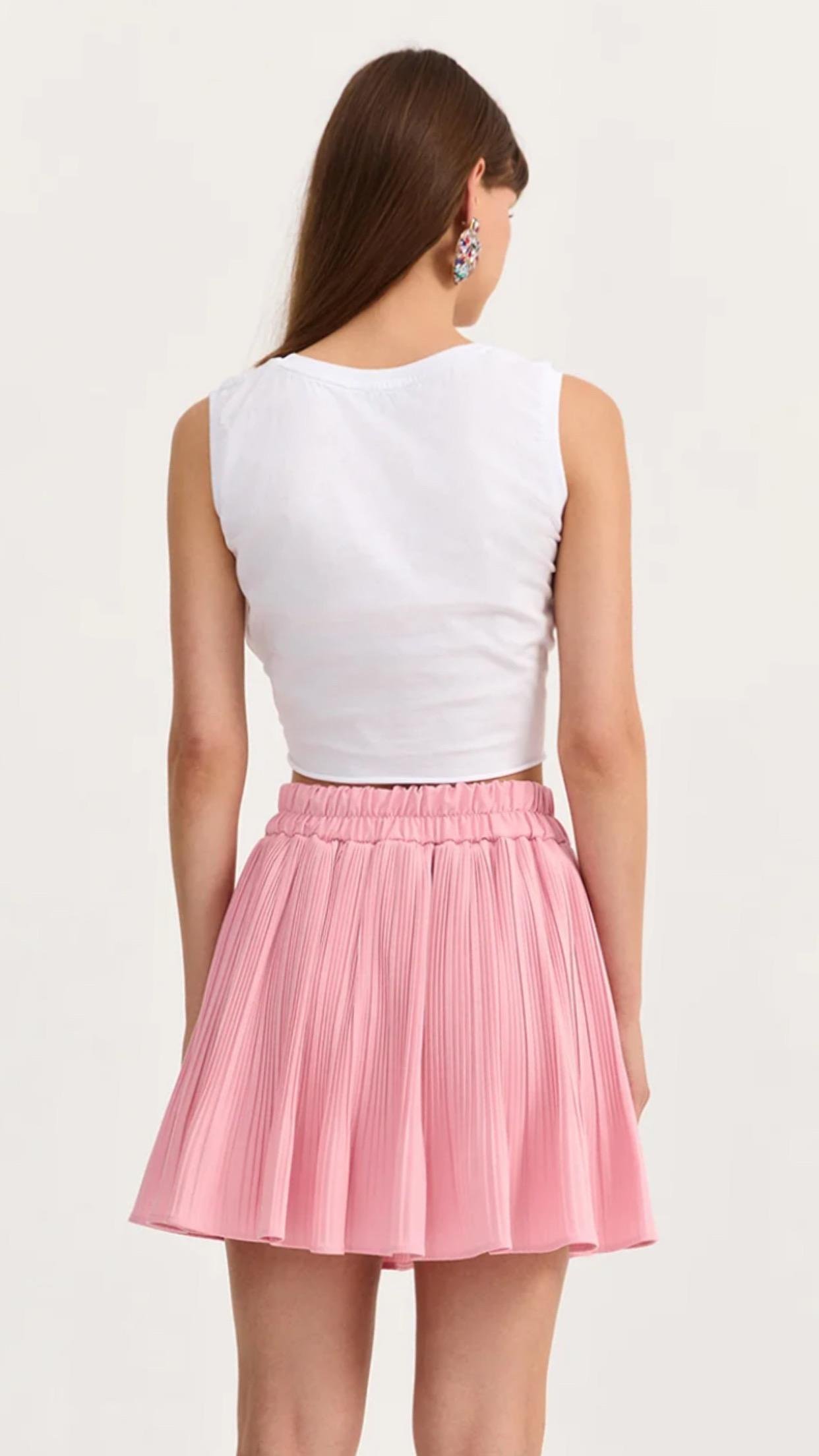 Pile Detaylı Beli Lastikli Basic Mini Etek Pembe