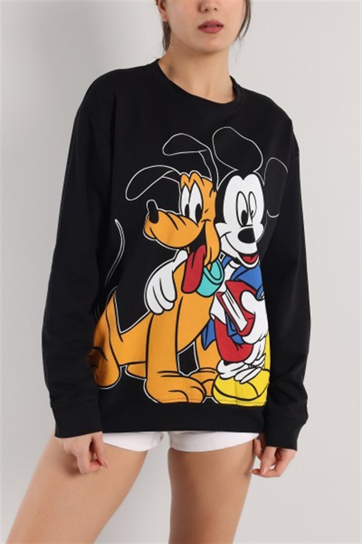 Siyah Renk Mickey Mouse Basklı İki İplik Sweat