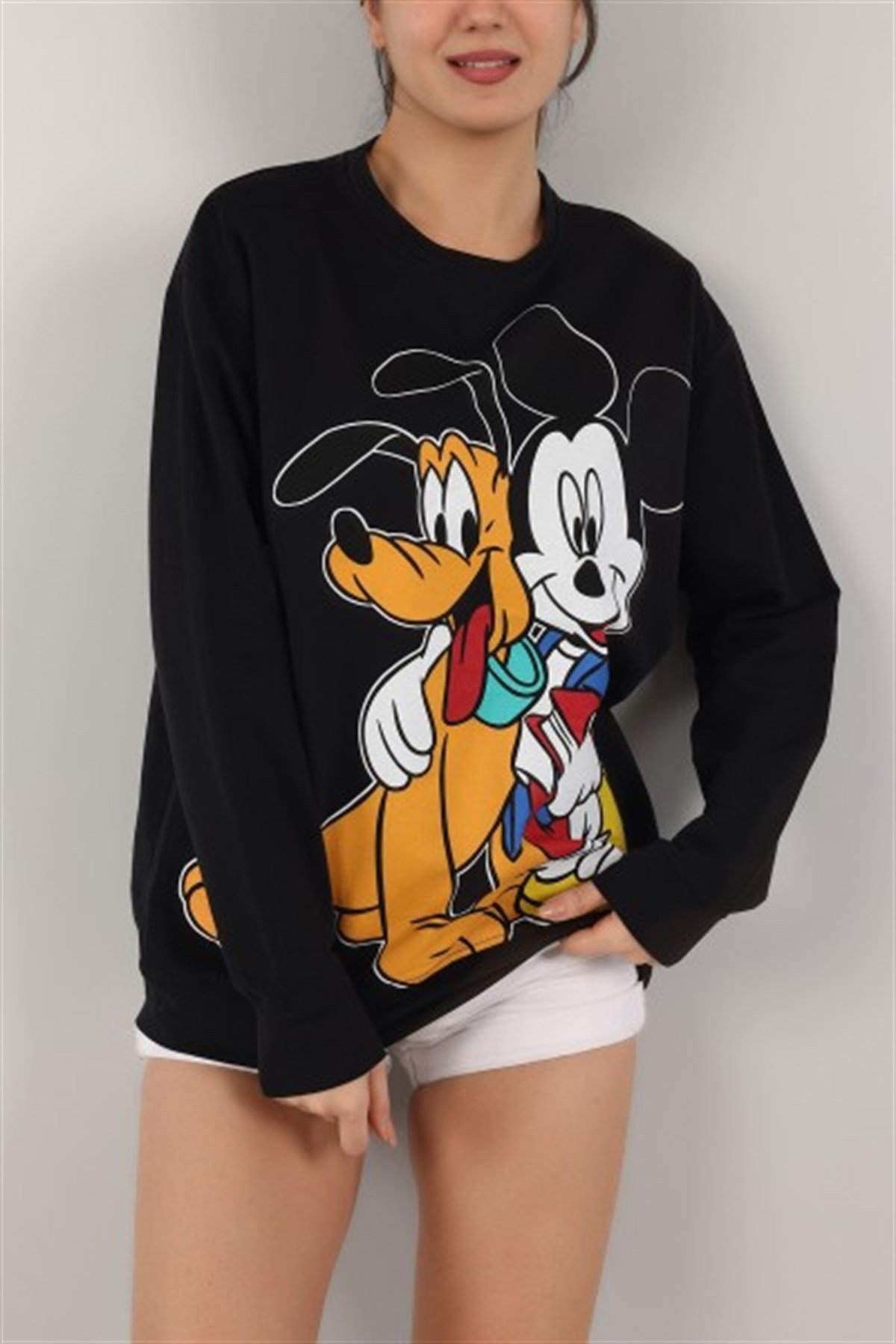 Siyah Renk Mickey Mouse Basklı İki İplik Sweat