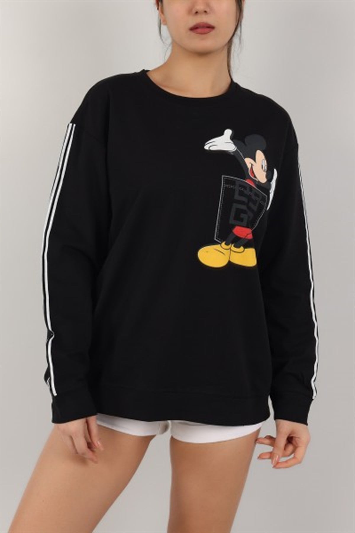 Siyah Renk Mickey Mouse Basklı İki İplik Sweat