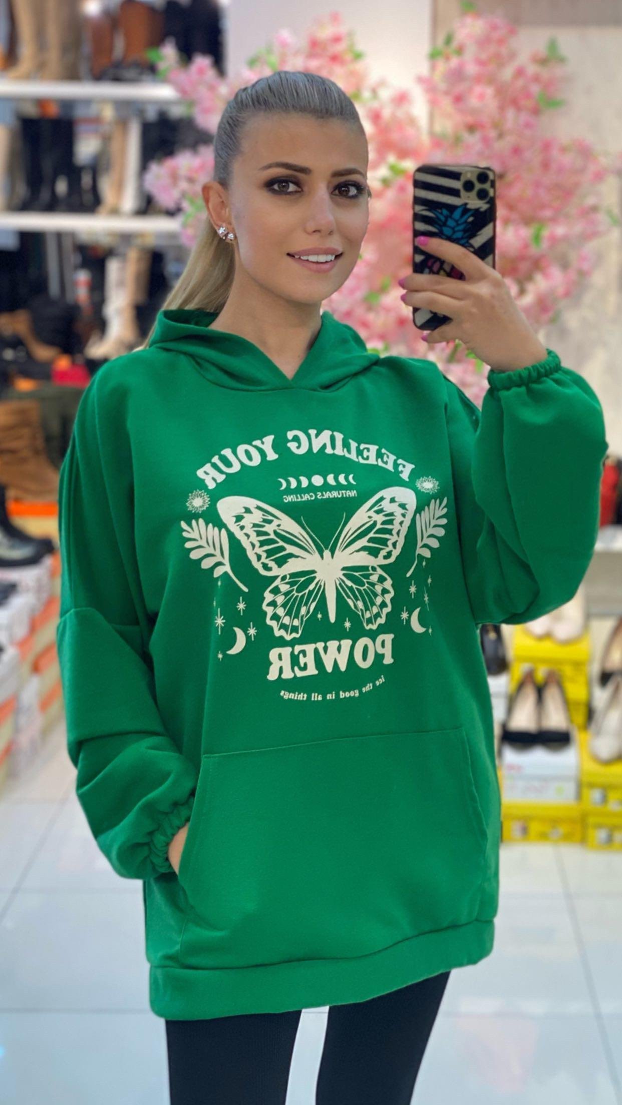 Yeşil Şardonlu Kelebek Baskı Sweat