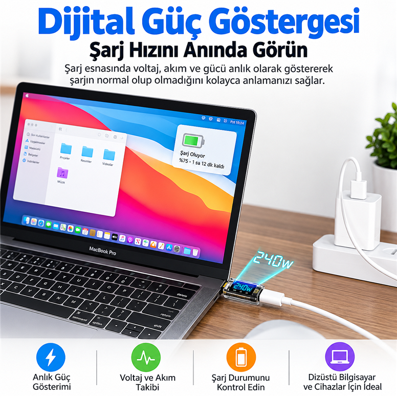 240W USB 3.1 Type-C Dijital Güç Ölçer Adaptör – 40Gbps Veri Aktarımı, 8K Görüntü Destekli Voltaj Akım Watt Göstergeli240W USB Type-C Dijital Voltaj Akım Güç Ölçer | Robo Dünya