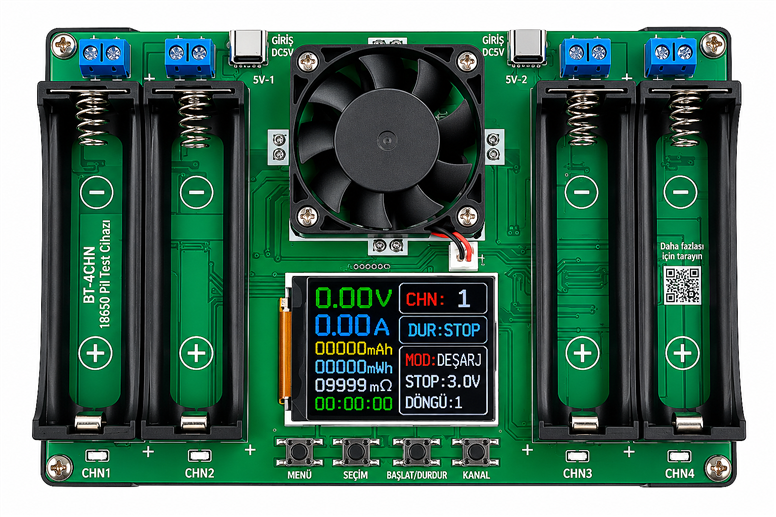 4 Kanallı 18650 LCD Dijital Lityum Pil Kapasite Ölçüm ve Test Cihazı Modülü4 Kanallı 18650 LCD Pil Kapasite Test Cihazı | Robo Dünya