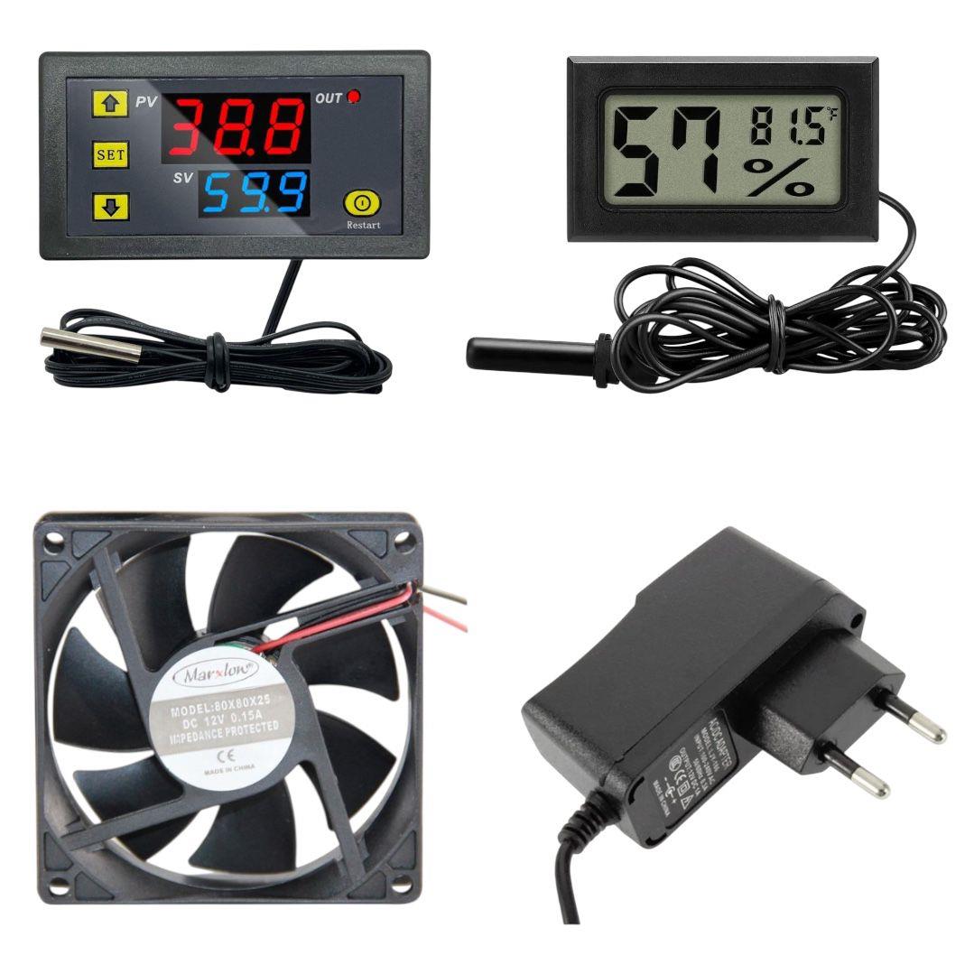 Kuluçka Makinesi Seti - 4 Parça - W3230 Termostat 220V - Isı Nem Ölçer - 12V Adaptör - 80x80 12V FanW3230 Termostatlı 4 parça Kuluçka Makinesi Seti –Fan/Adaptör/Termostat/Nem Ölçer - Robo Dünya