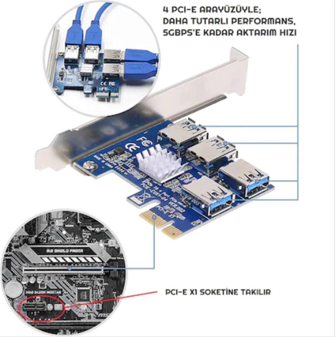 PCI-E Express 1X 1 to 4 USB 3.0 RİSER ÇOĞALTICI & ÇOKLAYICI
